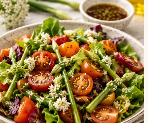 Vinaigrette et salade de tomates & fleurs d'ail